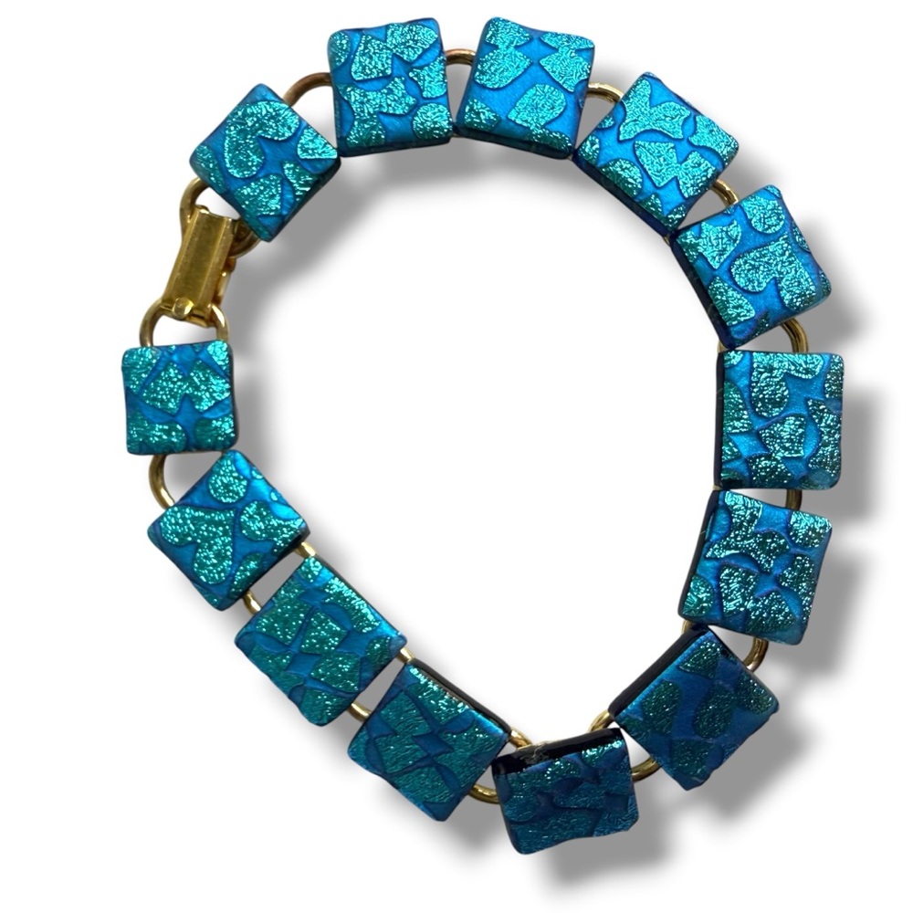 link design bracelet blue green dichroic fused glass squares gold-toned hearts